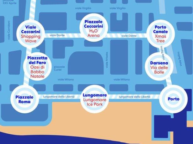 Mappa di Riccione con attrazioni turistiche e luoghi di interesse.